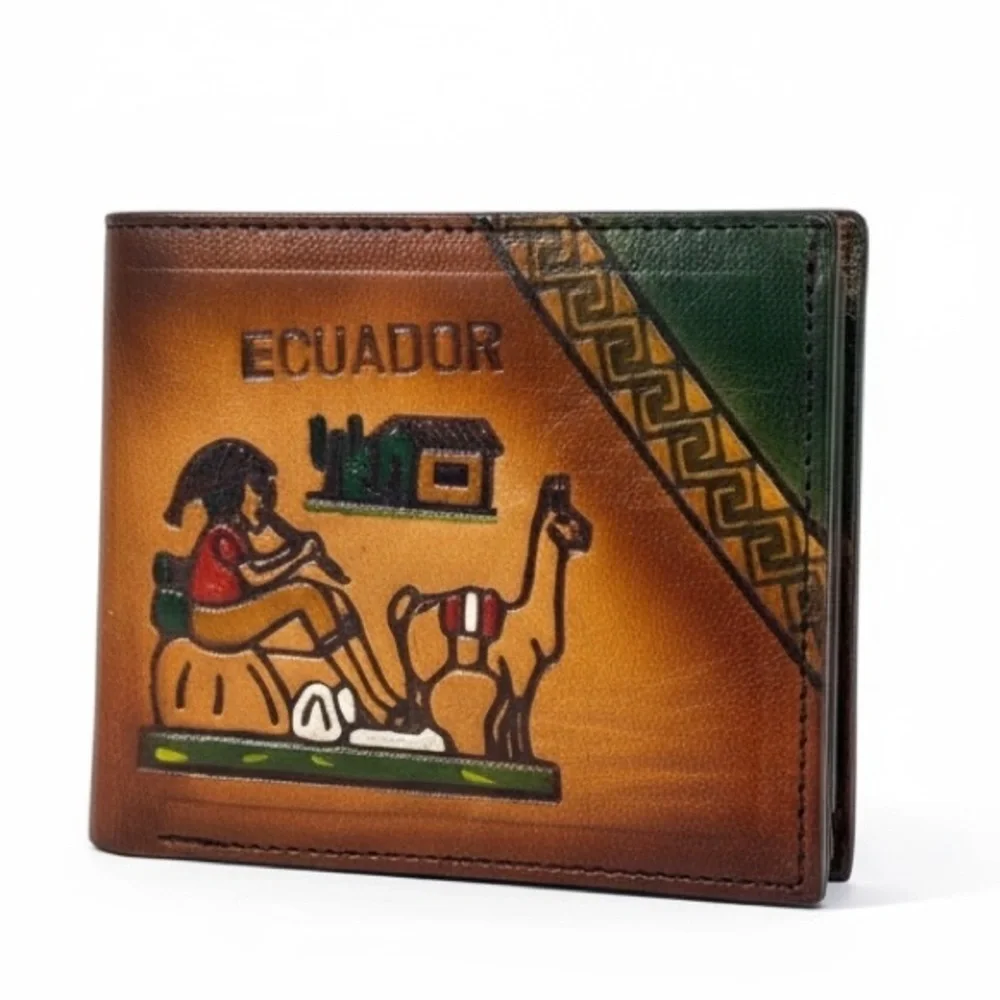 VTG souvenir Ecuador Leather Wallet with Embossed design bifold billfold Quito